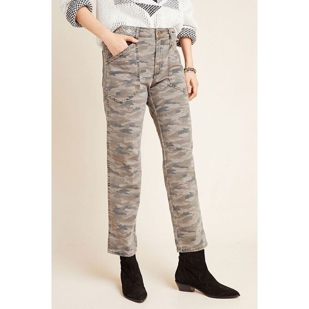 Anthropologie Mavis Utility Pants Womens Size 25 Camo Straight Leg Embroidered